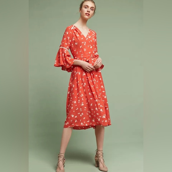 Anthropologie Shoshanna Millie 100% Silk Floral Flare Sleeve Midi Dress 4 Boho - Picture 1 of 16
